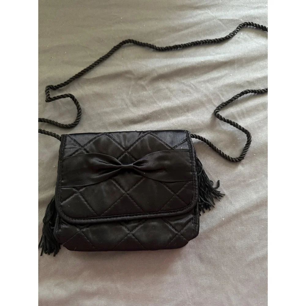 Vintage Black Quilted Satin Bow Crossbody Bag Purple Lining Tassel Evening Purse
